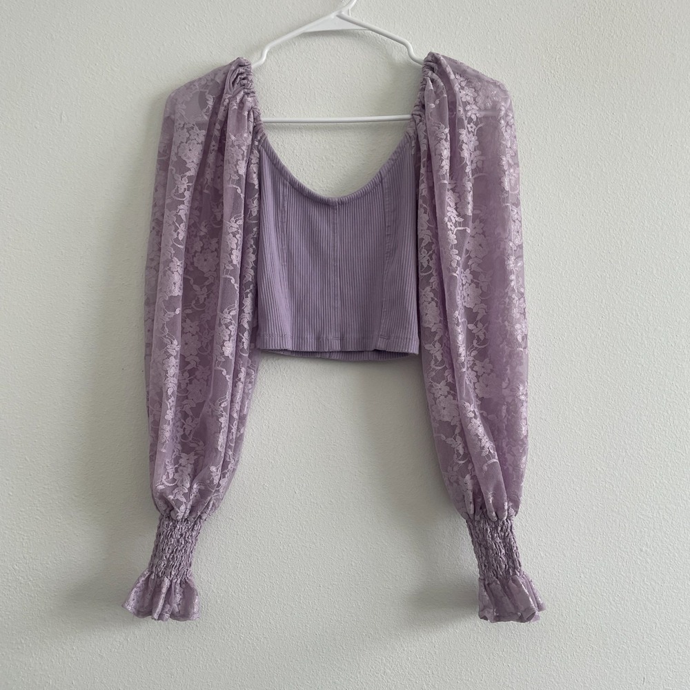 Urban Outfitters Top Women XS Lilac Lace Sleeve Puff Romantic Femme Coquette